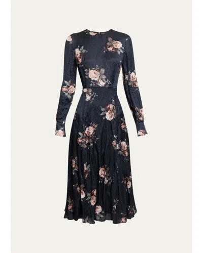 Erdem Floral Crushed Satin Crewneck Midi Dress In Black
