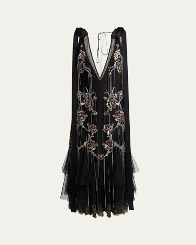 Erdem Floral Crystal Chain Slip Cocktail Dress In Black