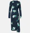 Erdem Abstract Rose Print Draped Long Sleeve Stretch Cady Midi Dress In Blue