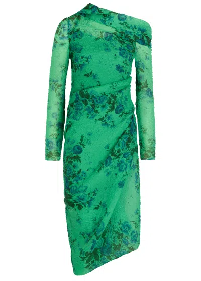 Erdem Floral Print Organza Cloque Draped Midi Dress In Green