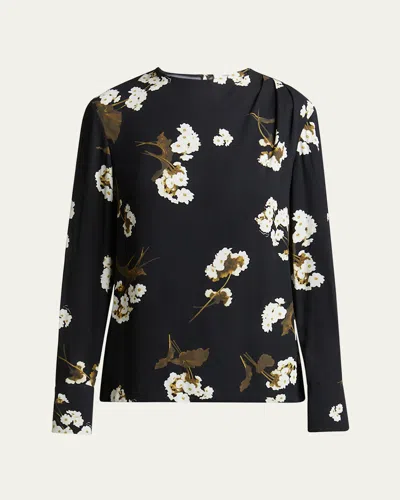 Erdem Floral Draped Long Sleeve Top In Elena Garden Black