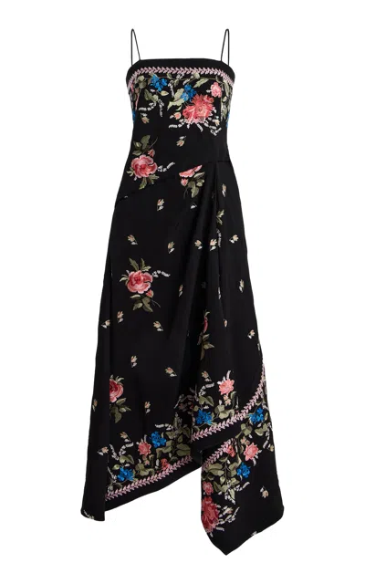 Erdem Floral Draped Midi Cocktail Dress In Black