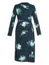 Erdem Abstract Rose Print Draped Long Sleeve Stretch Cady Midi Dress In Blue