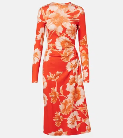 Erdem Floral Draped Ponte Jersey Midi Dress In Red