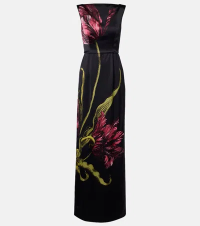 Erdem Floral Wide-neck Satin Gown In Black
