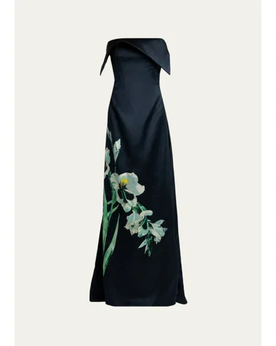 Erdem Floral Duchess Satin Strapless Gown In Navy Multi