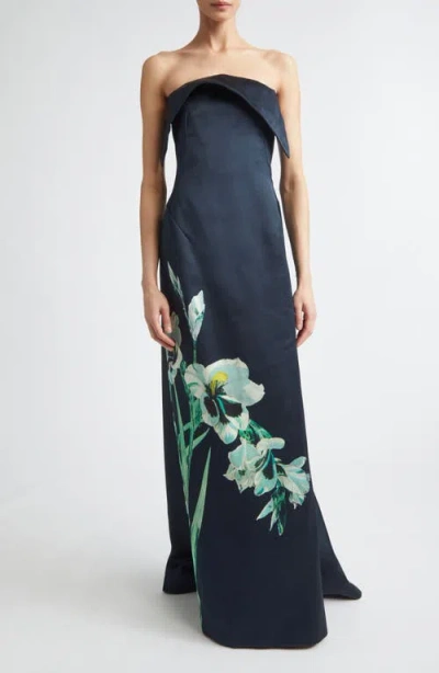 Erdem Floral Duchesse Satin Strapless Gown In Blue