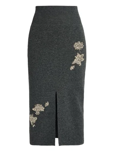 Erdem Floral-embellished Midi Skirt In Gray