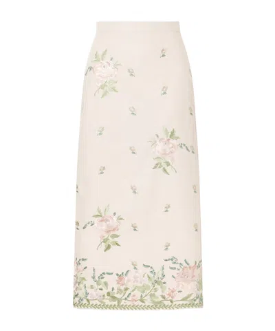 Erdem Floral-embroidered Cotton-faille Midi Skirt In Pink