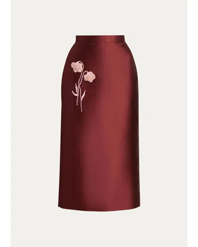 Erdem Floral Embroidered Mikado Silk Midi Skirt In Bordeaux