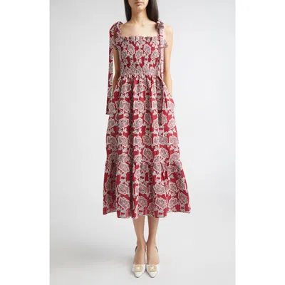 Erdem Floral Embroidered Tiered Cotton Blend Midi Sundress In Red