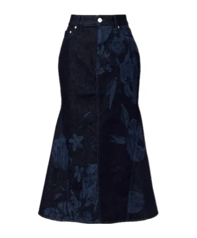 Erdem Floral Flared Denim Midi Skirt In Blue