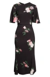 Erdem Floral Flutter Sleeve Stretch Cady Midi Dress In Black