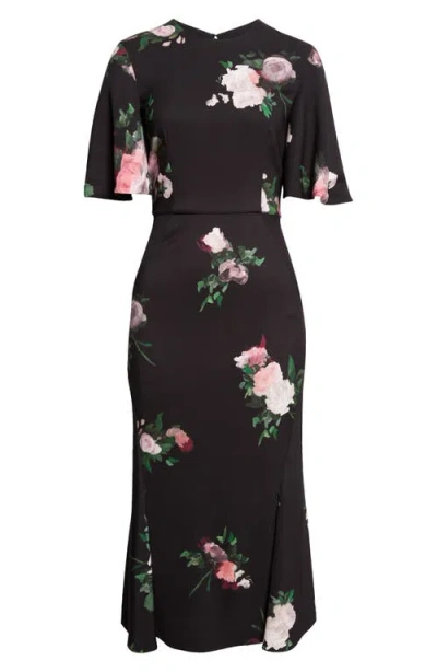 Erdem Floral Flutter Sleeve Stretch Cady Midi Dress In Black