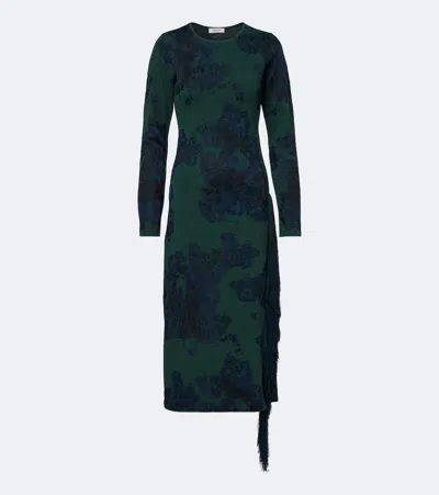 Erdem Floral Fringed Knitted Jacquard Midi Dress In Green