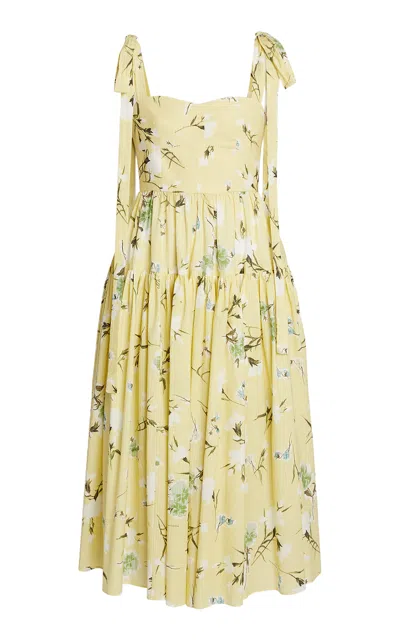 Erdem Floral Gathered Cotton Midi Dress In Yellow