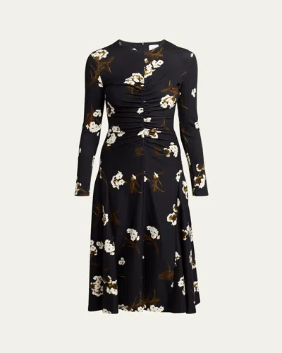 ERDEM FLORAL GATHERED LONG SLEEVE MIDI DRESS
