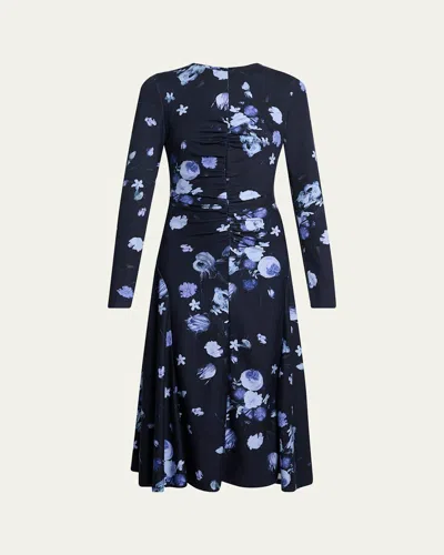 Erdem Floral Gathered Long-sleeve Midi Dress In Black