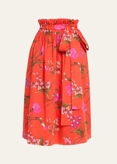 Erdem Floral Gathered Waist Midi Skirt In Poppy