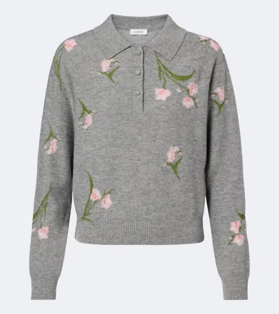 Erdem Floral Pattern Merino Wool Polo Jumper In Gray