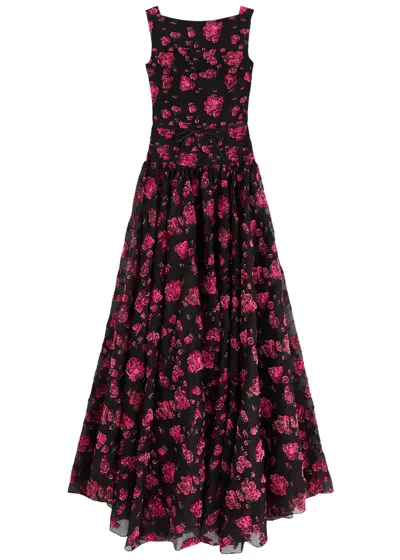 Erdem Floral Textured Gown With Gathered Skirt In Multi Floral