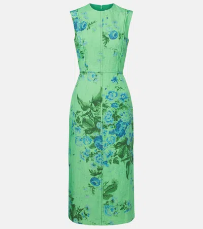 Erdem Floral Print Sleeveless Linen Midi Pencil Dress In Green