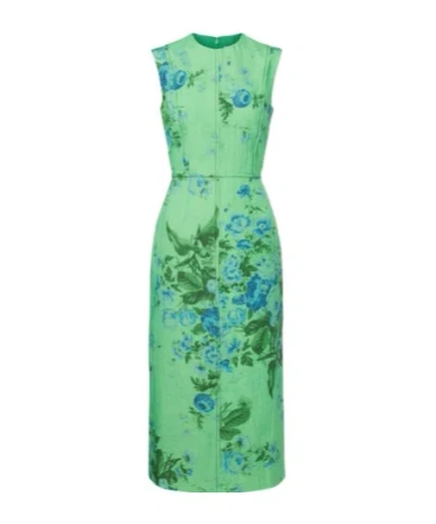 Erdem Floral Print Sleeveless Linen Midi Pencil Dress In Green