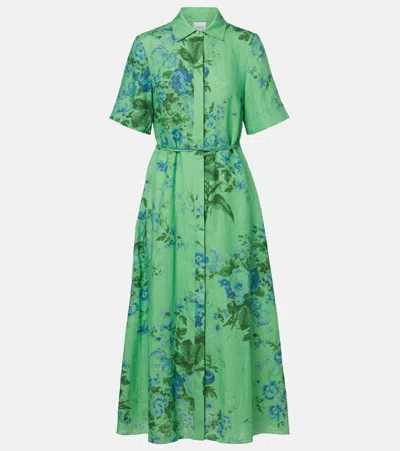 Erdem Floal Print Tie Waist Linen Shirtdress In Green