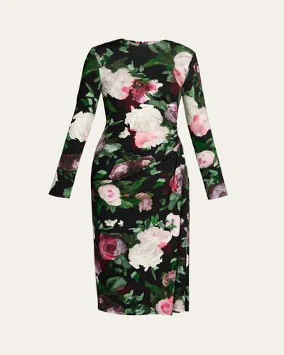 Erdem Floral Long-sleeve Draped Midi Dress In Black