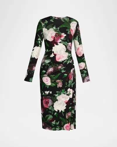 Erdem Floral Long-sleeve Draped Midi Dress In Black