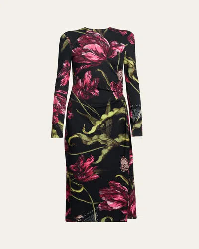 Erdem Floral Long-sleeve Draped Midi Dress In Black