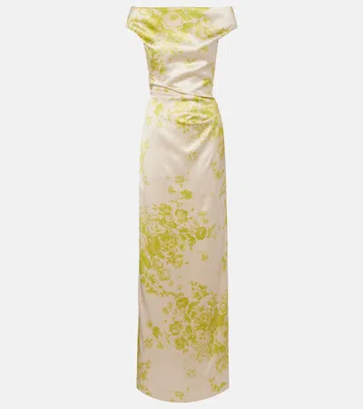 Erdem Off-the-shoulder Pleated Floral-print Duchesse-satin Gown In Multi