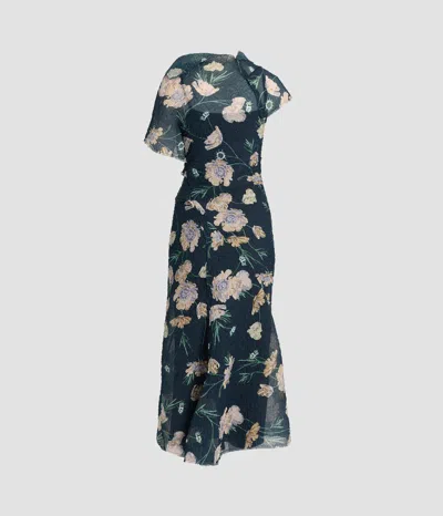Erdem Floral Organza Cloque Asymmetric Midi Dress In Black
