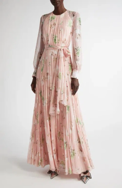 Erdem Floral Pleated Long Sleeve Voile Gown In Marguerite Floral Pink