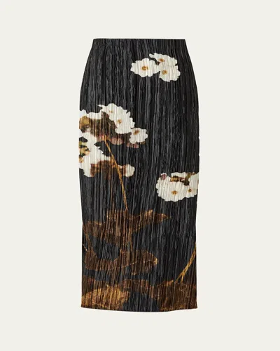 Erdem Floral Pleated Midi Skirt In Elena Selvedge Black