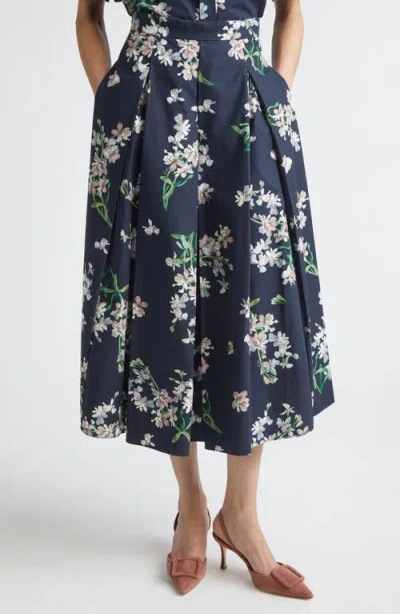 Erdem Floral Pleated Organic Cotton Poplin Midi Skirt In Blue