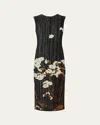 Erdem Pleated Floral Satin Midi Dress In Elena Garden Selvedge Black