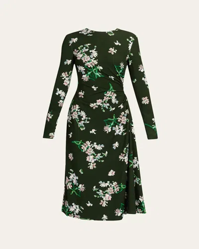 Erdem Floral Ponte Long-sleeve Midi Dress In Painted Orchid Forest Green