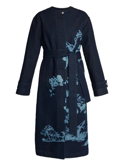 Erdem Floral-print Belted Coat In Blue