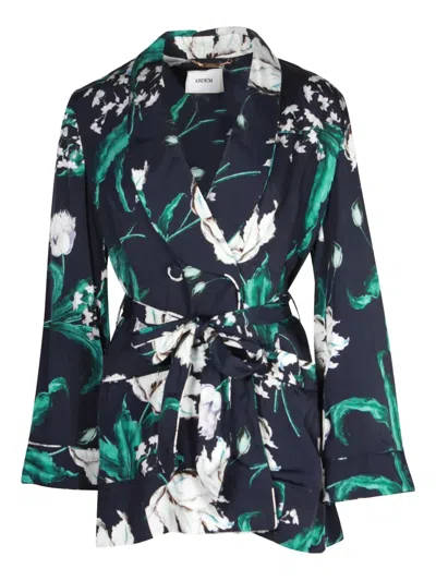Pre-owned Erdem Floral-print Belted Jacket In Blue