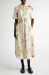 Erdem Floral Short Sleeve Midi Linen Shirtdress In Dancing Carnation Multi