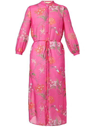 Erdem Floral-print Belted Midi Dress In Pink