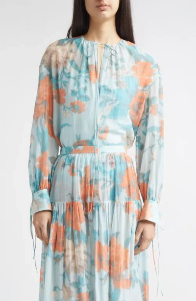 Erdem Floral Print Cotton & Silk Voile Top In Blue