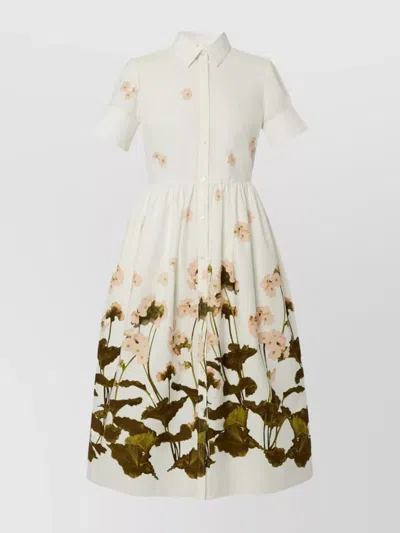 Erdem Floral Print Cotton Dress With Split Cuffs In White