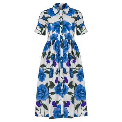 Pre-owned Erdem Floral Print Cotton Midi Shirt Dress In Blue