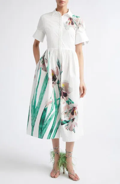 Erdem Floral Print Cotton Midi Shirtdress In White