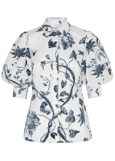 Erdem Floral-print Cotton-poplin Shirt In White And Blue