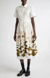 Erdem Floral Print Cotton Dress With Split Cuffs In Elena Selvedge White