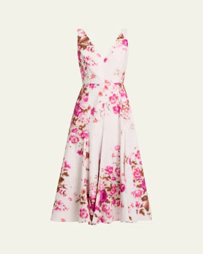 Erdem Floral Print Cotton Sleeveless V-neck Midi Dress In White