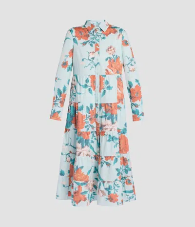 Erdem Floral Print Cotton Tiered Midi Shirt Dress In Blue